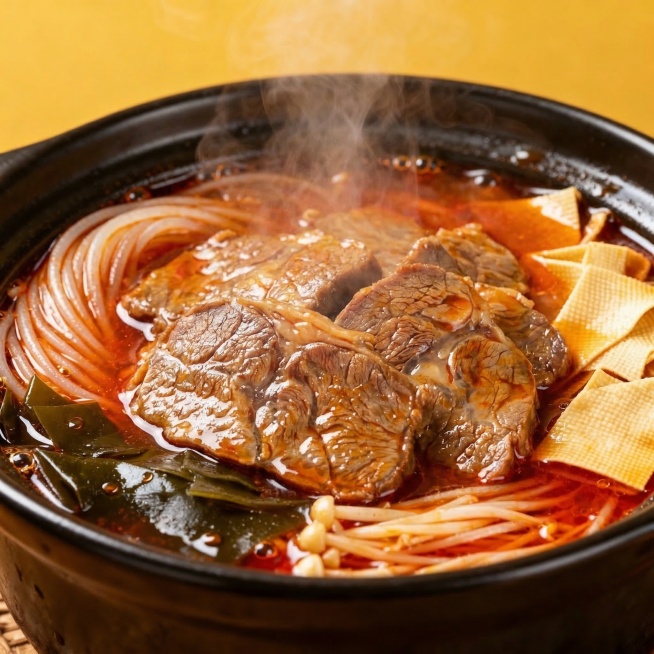 将砂锅里的小酥肉替换为卤香大块牛肉，牛肉纹理清晰油亮，保留红亮汤汁、粉条、豆皮、海带、金针菇等配菜，整体热气腾腾，肉香浓郁预览效果