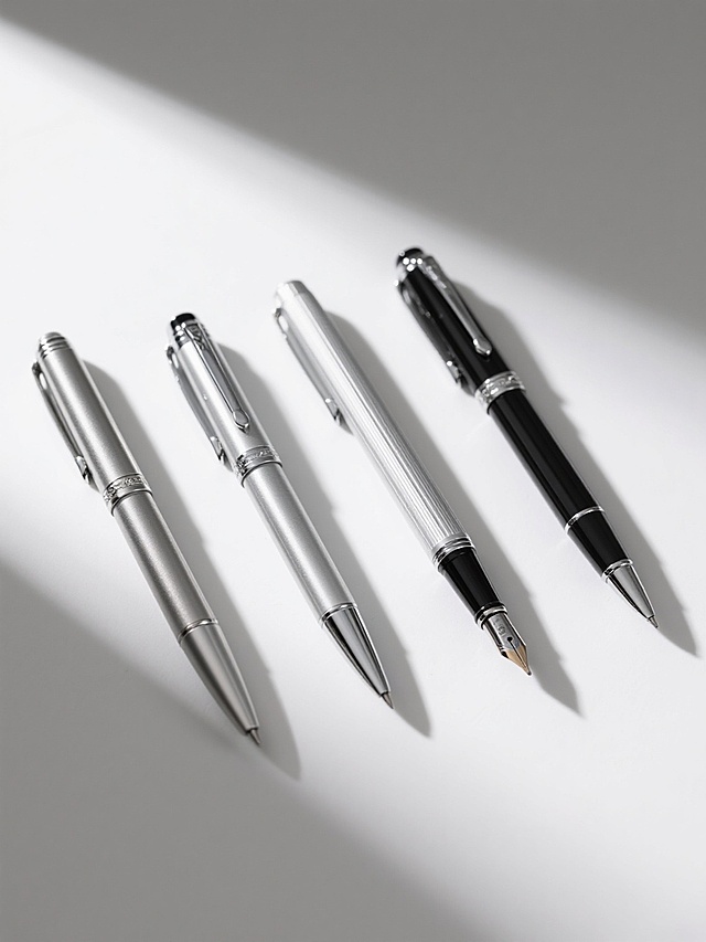高清产品摄影风格，四支不同样式、不同风格、不同配色的钢笔，排列整齐，白色背景。每支钢笔细节清晰，金属部件有细腻的反光和拉丝质感，笔身材质纹理真实，笔尖锐利精致。整体光线均匀柔和，阴影浅淡自然，突出钢笔的优雅线条和高端质感，构图简洁大气，视觉焦点集中在钢笔本身，无任何多余元素干扰。
