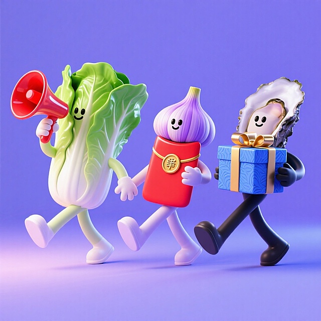 3个角色一起手拉手+左抬腿：1、拟人的白菜拿着喇叭；2、拟人的大蒜拿着红包；3、拟人的生蚝拿着礼盒