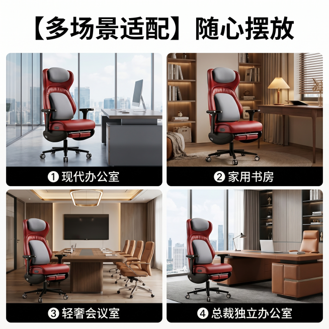 [主图 6] 多场景适配展示。
[氛围风格] 真实多场景百搭风格；
[画质] 商业摄影质感、光线柔和通透、产品清晰真实、画面干净高级。
[元素] 四宫格拼图展示老板椅在不同空间场景：1现代办公室 2家预览效果
