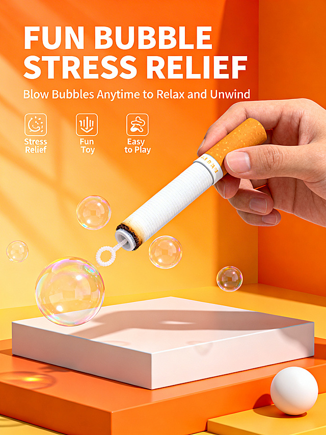 3D产品广告图，吹泡泡香烟造型玩具，漂浮的透明肥皂泡泡，明亮橙色渐变背景，有趣的极简舞台块，手握着玩具正在吹泡泡，桌面场景元素，干净的电商排版，现代产品海报，明亮光线，玩具广告风格，高细节，亚马逊产品信息图，主标题文字"FUN BUBBLE STRESS RELIEF"，副标题文字"Blow Bubbles Anytime to Relax and Unwind"，下方有三个小图标文案分别为"Stress Relief"、"Fun Toy"、"Easy to Play"，产品以45°角放大展示，整体氛围轻松趣味