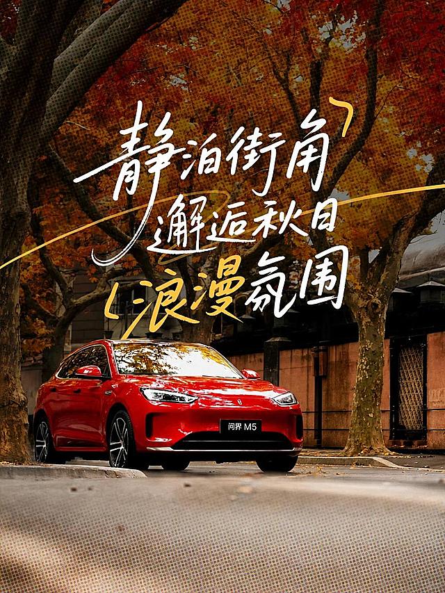 基于这张图片进行修改：移除画面中的一男一女两个人物，人物原来所在的位置用周围的街道、树木、建筑背景自然填充修复，保持画面完整和谐。红色问界M5汽车、标题文字、秋日梧桐树街道背景、整体色调和氛围全部保持不变。