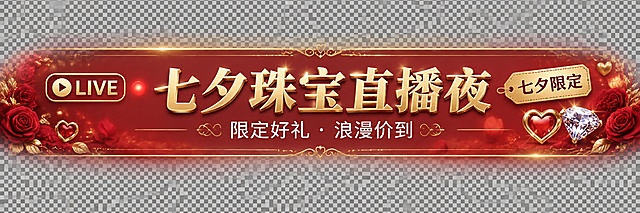 一张直播间顶部贴片，横版长条比例16:9的宽幅横幅，红色七夕珠宝主题。

整体设计：半透明深红色渐变背景，边缘虚化透明处理，方便叠加在直播画面上。整体呈细长条状，高度较低，宽度铺满。

左侧：金色LIVE直播图标，旁边有红色闪烁的小圆点，表示正在直播。

中间：金色立体大字「七夕珠宝直播夜」，字体华丽大气，文字下方有一行小字「限定好礼 · 浪漫价到」，白色字体。

右侧：金色小标签「七夕限定」，旁边有爱心和钻石小图标装饰。

装饰元素：贴片上下边缘有金色细线边框，左右两端有玫瑰花和爱心的小装饰，整体精致华丽。背景有淡淡的星光和光斑效果。

背景为半透明深红色渐变，四周逐渐透明羽化，便于叠加到直播画面上。

画面中所有二维码区域使用纯色方块占位符呈现，方块中央标注"二维码占位"文字，严禁生成任何可识别的二维码图案。
画面中所有信息区域必须填充完整合理的内容，不得出现空白框或待填写区域。