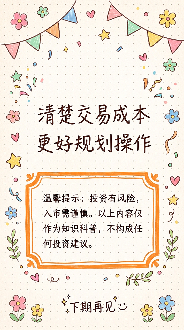抖音竖版9:16，清新手账风格结尾页。浅米色纸张背景，中间用温柔的手写体写"清楚交易成本 更好规划操作"，下方用一个醒目的橙色手绘边框框起风险提示文字"温馨提示：投资有风险，入市需谨慎。以上内容仅作为知识科普，不构成任何投资建议。"，周围装饰手绘小花、星星、爱心、彩带、小旗子，底部可以有一个"下期再见"的可爱手写小字，整体温暖治愈，马卡龙色调，手账风