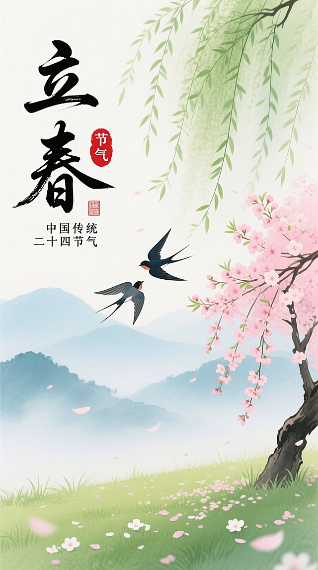 水墨风与工笔风交融，清新唯美，大字“立春”点题，柳枝轻拂，燕语呢喃，樱花烂漫，尽显中式春日诗意。