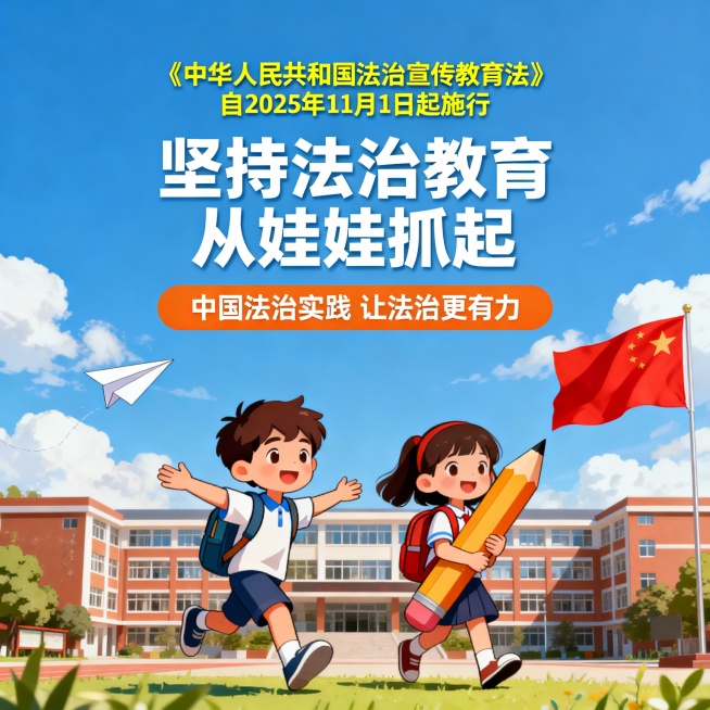 横版海报，画面上方有黄色文字“《中华人民共和国法治宣传教育法》自2025年11月1日起施行”，中间是白色大字“坚持法治教育从娃娃抓起”，下方有橙色区域和白色文字“中国法治实践 让法治更有力”，背景是蓝预览效果