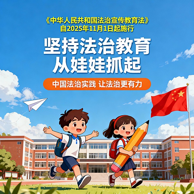 横版海报，画面上方有黄色文字“《中华人民共和国法治宣传教育法》自2025年11月1日起施行”，中间是白色大字“坚持法治教育从娃娃抓起”，下方有橙色区域和白色文字“中国法治实践 让法治更有力”，背景是蓝天白云下的学校教学楼，前景有两个背着书包的卡通儿童，男孩张开双臂奔跑，女孩抱着巨大铅笔，旁边有飘扬的红旗和纸飞机，整体风格明亮活泼，充满童趣和教育氛围