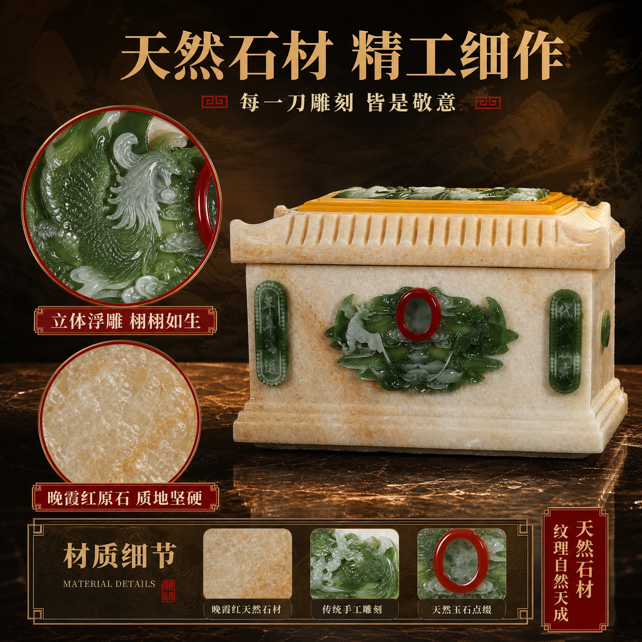 [主图-3] 材质细节：晚霞红天然石材材质与雕刻工艺细节特写，… - 图片创意预览