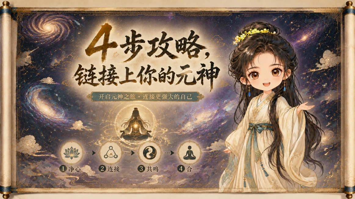 将背景中的青绿山水替换为梦幻星空银河背景，保留原有羊皮纸卷轴质感、Q版古风人物IP形象和主标题文字"4步攻略，链接上你的元神"，保持人物五官与原图一致，保留古色古香整体风格，文字清晰可读，画面比例16预览效果