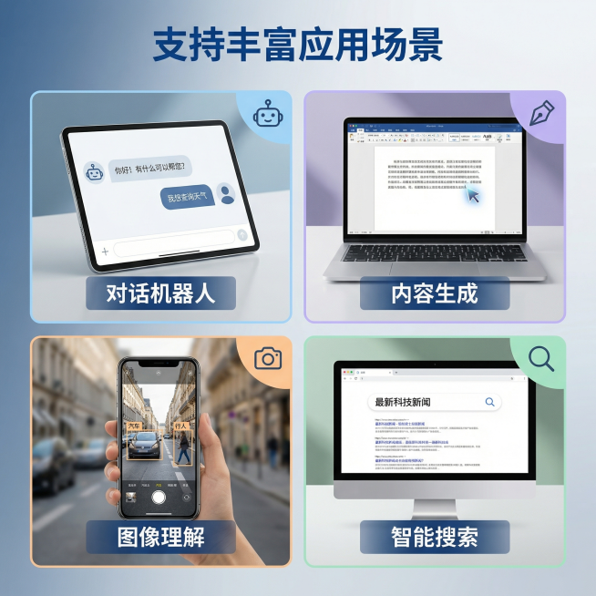 [主图 4] 大模型API支持场景展示
[氛围风格] 现代科技简约风格，场景化呈现，直观易懂
[画面元素] 商业摄影质感，光线柔和通透，产品清晰真实，画面干净高级。采用四宫格拼图布局，分别展示对话机器预览效果