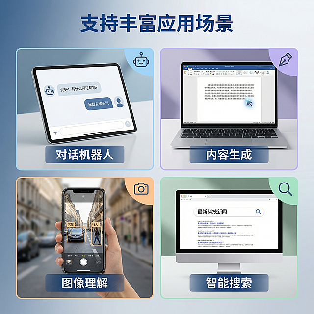 [主图 4] 大模型API支持场景展示
[氛围风格] 现代科技简约风格，场景化呈现，直观易懂
[画面元素] 商业摄影质感，光线柔和通透，产品清晰真实，画面干净高级。采用四宫格拼图布局，分别展示对话机器人、内容生成、图像理解、智能搜索四个应用场景缩略图，每个场景搭配小图标，背景蓝灰渐变和前几张保持风格统一
[配色色系] 主色调：科技蓝 深灰；每个场景使用不同浅色调点缀，整体协调
[视角构图] 四宫格网格拼图，布局均匀平衡，每个场景大小一致
[文字版式] 顶部居中主标题 "支持丰富应用场景" 深蓝色粗体；每个宫格下方标注对应场景名称，白色小字体深色半透明底框，保持清晰易读，不遮挡场景画面
[比例分辨率] 1:1 比例，2k 分辨率，文字清晰可辨，超高清
[负向提示词]变形，水印，文字错乱，背景杂乱，二维码，联系方式，绝对化用语