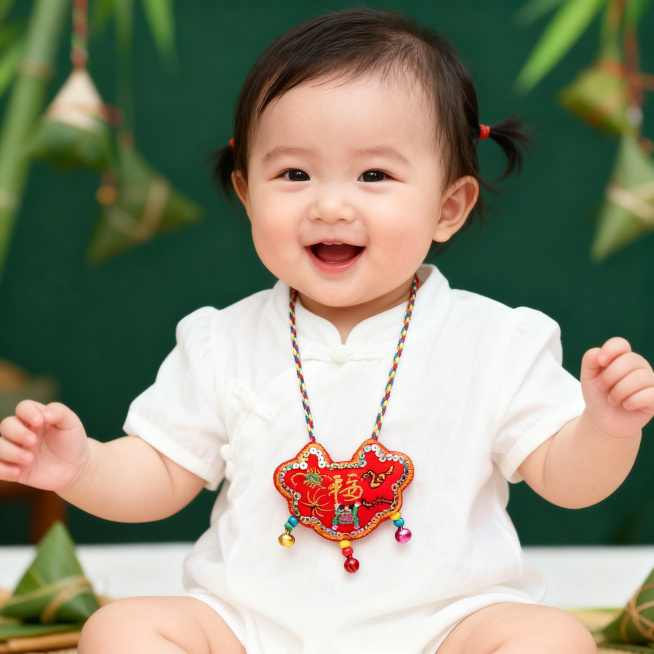 端午节日里，穿白色衣服的半岁女宝宝，胸前挂着一个精致小香包，小香包参考图为心形锁形红色刺绣香囊，装饰亮片彩珠铃铛，宝宝活泼可爱，1:1尺寸预览效果