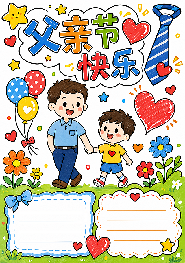 父亲节主题简笔画手抄报，缩小文字抄写区域，增加图案占比，包含父子牵手、领带、爱心元素，颜色鲜亮明快，整体为A4竖版尺寸210mm×297mm