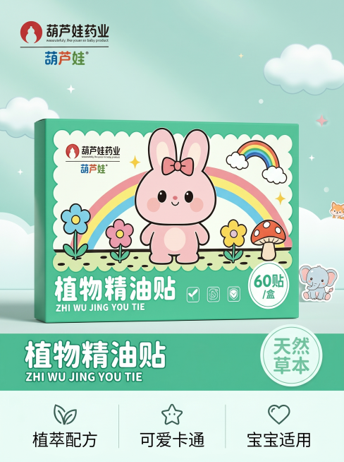 [主图-商品首图] 葫芦娃植物精油贴产品展示首图。
[氛围风格] 清新可爱母婴风，明亮干净
[画质] 商业摄影质感、光线柔和通透、产品清晰真实、画面干净高级。
[元素] 葫芦娃植物精油贴包装盒居中放置预览效果