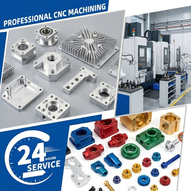 参考参考图的CNC机械加工工业宣传风格，生成全新一张，更换全部零件内容和排版，保持蓝色文案配色，展示不同阳极氧化彩色金属零件，保持清晰专业的商业摄影风格预览效果