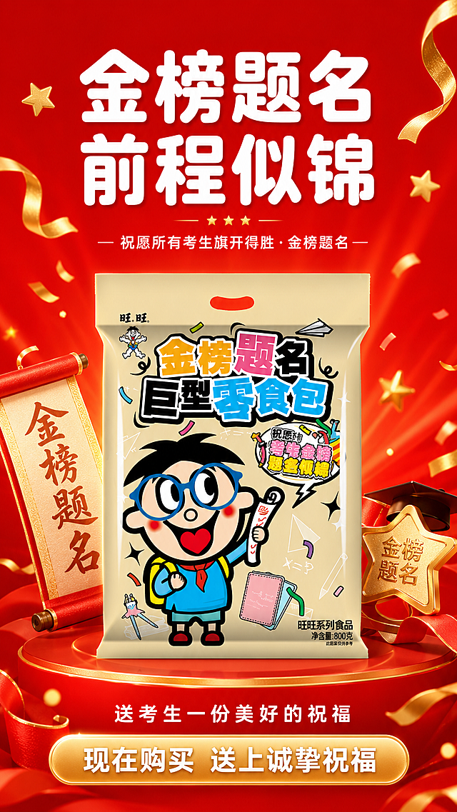 [第8屏] 旺旺金榜题名大礼包收尾转化，本屏使用【图1】作为产品主体。
[氛围/风格] 喜庆收尾，符合礼赠主题，氛围温暖有祝福感，电商详情页收尾设计质感。
[元素布局] 背景为大红色渐变，旺旺金榜题名大礼包放在画面中心偏下位置，放大展示占据主体60%区域，保持包装结构颜色和输入图一致，周围点缀金色星星、彩带、金榜题名卷轴等装饰元素，增加喜庆礼赠氛围，上方留出主标题区域，底部留出行动号召文字区域，构图饱满不杂乱。
[光影质感] 中心柔光打亮礼包，整体明暗过渡自然，色彩喜庆通透，装饰元素不抢主体，视觉焦点集中在产品上。
[配色色系] 全局底色：#FF0000（大红色）；产品保持原包装米黄配色，装饰金色点缀，文字使用白色，和前几屏保持统一配色体系。
[视角构图] 中心产品构图，上方标题下方文案，9:16竖版，收尾视觉稳定，主题突出。
[文字版式] 顶部主标题「金榜题名 前程似锦」，圆角黑体白色纯色填充居中，字号画面宽度8%-10%。底部副标题「送考生一份美好的祝福」白色小字居中，再下方行动号召「现在购买 送上诚挚祝福」白色文字加浅金色底块，清晰醒目手机可读。全套统一圆角黑体，仅黑白+白色字色，纯色填充。
[比例分辨率] 9:16竖版比例，宽度1080px，高度1920px，4K分辨率，文字清晰可辨，超高清。
[负向提示词] 包装变形，文字错乱，装饰过度，主体不突出，颜色偏差，水印，极限词。