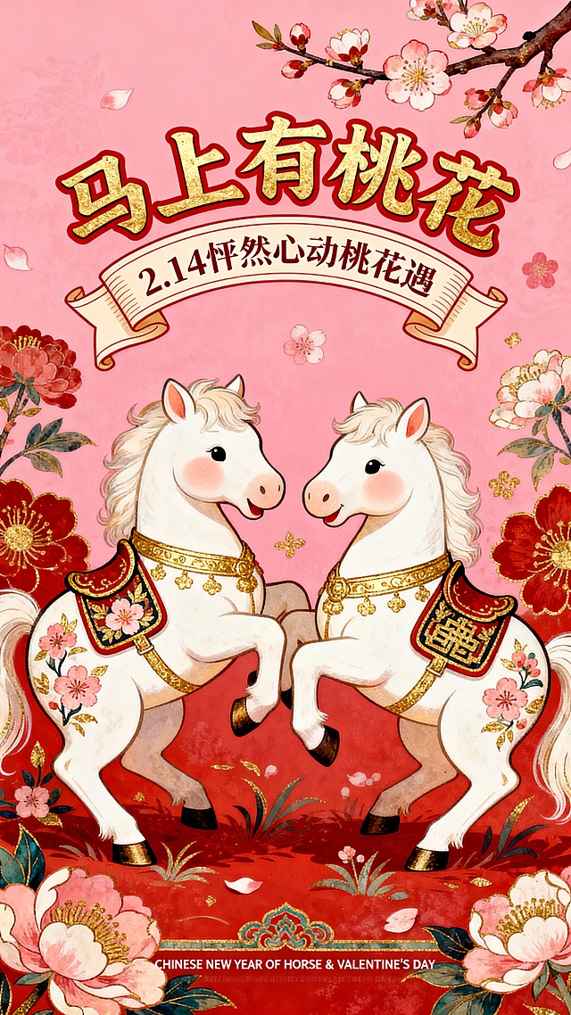 以2只胖嘟嘟的白色 唐代小马驹 玩耍的形象作为视觉中心（装饰桃花纹路的金纹和中式马鞍），强动态感构图，搭配桃花、花卉装饰元素。顶部结合桃花枝设计”马上有桃花“的弯曲变形字标题+卷轴样式线框的文案"2.14 怦然心动桃花遇，"底部设精致的小字 “CHINESE NEW YEAR OF HORSE & VALENTINE'S DAY" 。色彩以红、金为主，粉色背景。