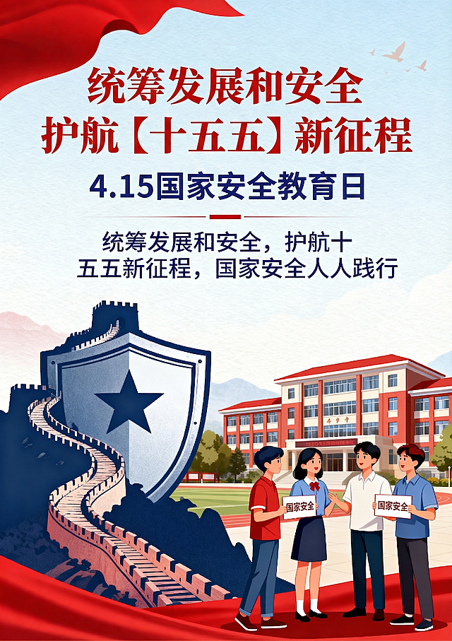 A3竖版海报，主题是4·15全民国家安全教育日，标语为统筹发展和安全，护航十五五新征程，国家安全人人践行。风格正式大气，主色调为红色和蓝色，融入盾牌、长城、校园元素，适合大学生参赛，高清高质量，可商用