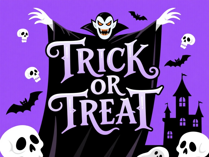 “TRICK OR TREAT” 艺术字，上方有披黑色斗篷的吸血鬼形象，周围搭配骷髅头、蝙蝠、古堡剪影等元素，色彩以紫黑为主，背景为暗紫色，哥特风格。预览效果