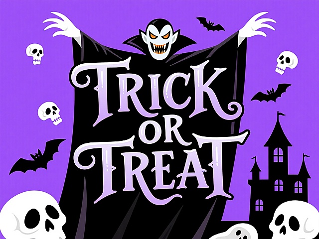 卡通感与哥特风格融合，插画风呈现惊悚神秘氛围，扁平设计搭配大字风文字，紫色背景衬托吸血鬼剪影与骷髅蝙蝠，营造万圣节印刷风视觉冲击。