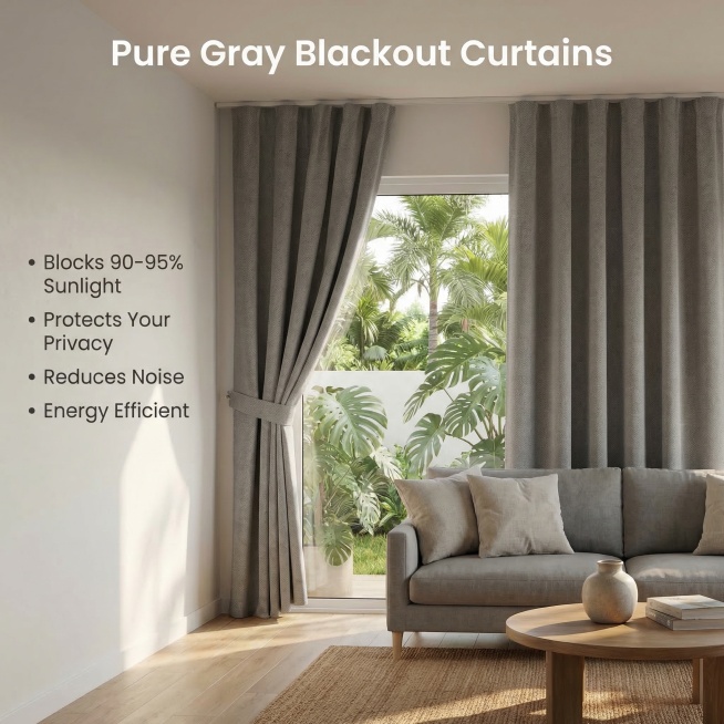 Pure gray curtains installed in a modern Filipino apartment living room, warm natural sunlight comin预览效果