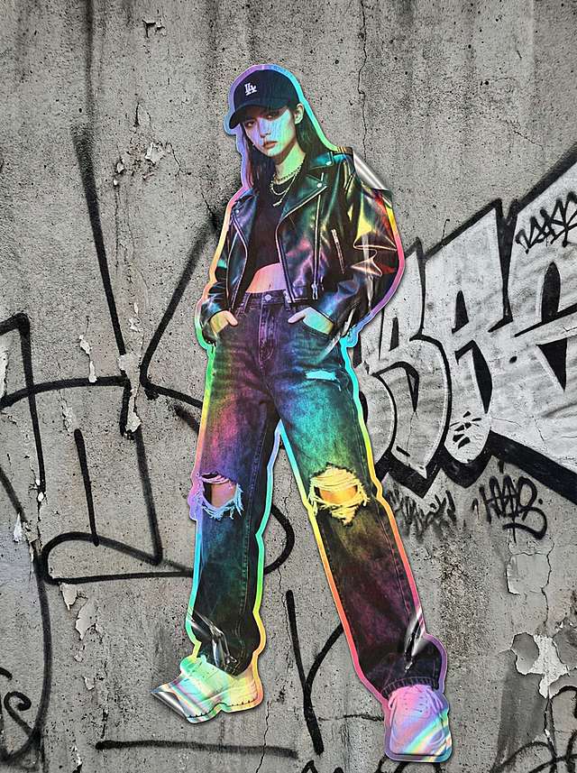 将人像处理成彩虹金属箔贴纸效果。抠出主体后，再将其贴在真实粗糙的城市肌理黑白简单涂鸦表面。贴纸上下有留白空间。