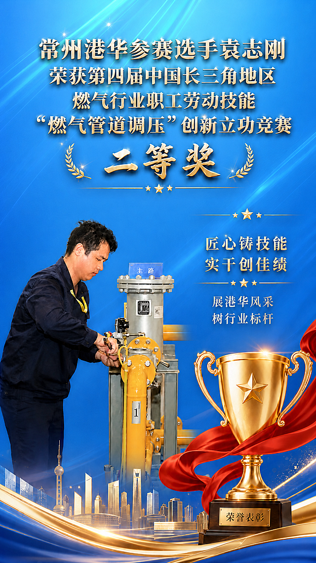 将这张竖版荣誉海报的背景蓝色再稍微调浅一些，保持蓝色渐变效果，其他所有元素（上方二等奖金色大字标题、左侧工作照片、右侧文字内容、奖杯装饰、金色光效装饰）都保持不变，整体风格依然庄重喜庆、大气正式。