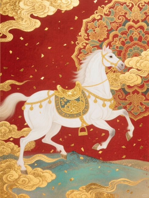主体是一匹饰有华丽鎏金鞍具的白色奔马，背景为红金相间的宝相花纹样，周围环绕金色祥云与飘落金箔，整体呈现大气祥瑞的国潮风格。预览效果