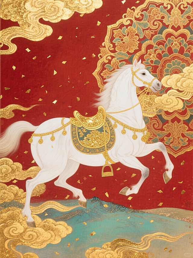 工笔细腻描绘白骏踏云，鎏金浮雕纹饰华美，红金交织尽显中式奢华与国潮喜庆，极繁主义构图彰显节日祥瑞。