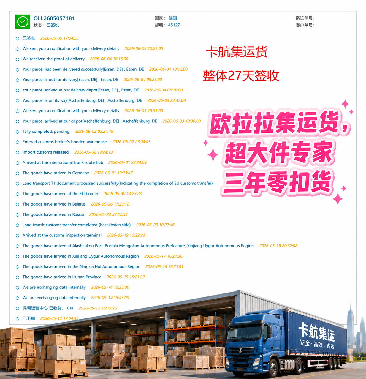 保留原图所有内容，仅将文字“欧拉拉集运货，超大件专家，三年零扣… - 图片创意预览