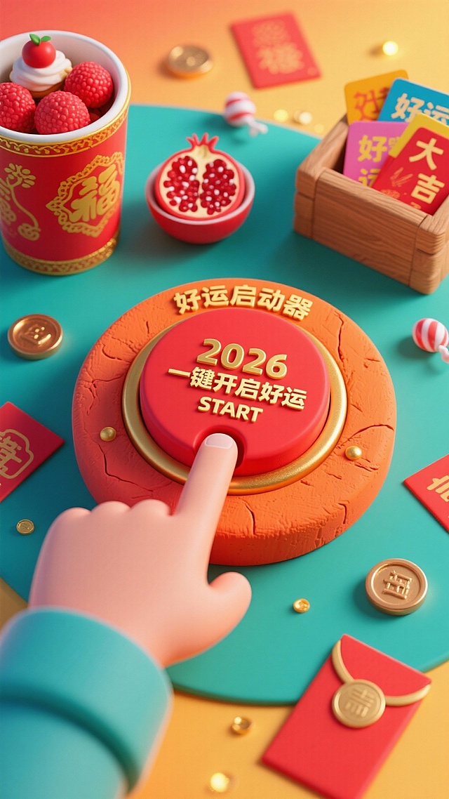 橙红相间的圆形 “好运启动器”，主体为鲜亮正红色，搭配烫金装饰细节，中央按钮印 “2026 一键开启好运”+ 金色 “START” 字样，一只手正按下按钮；周围布置喜庆元素：左侧放盛满红色甜品的金黄描边杯子（杯身绘吉祥纹样），旁配装着红石榴的红瓷小碗；右侧木盒里装满印着 “好运”“大吉” 的彩色卡片；橙黄渐变色平面散落红色好运卡、红包、糖果，点缀金色光斑、金色铜钱币；采用俯视近景构图，启动器占据画面中心，元素环绕分布，橙红渐变背景