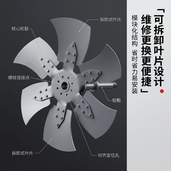 1:1 竖版正方形电商主图，严格还原产品造型与配色，1:1 竖版构图；采用创意解构杂志排版，将风机叶轮叶片做拆分悬浮效果，直观展示可拆卸结构设计；画面居中放置主体叶轮，拆分叶片错落环绕周边，线条连接标预览效果