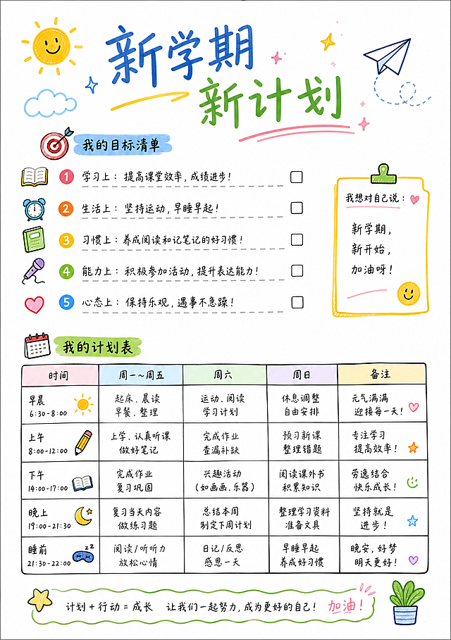 A4尺寸暑假实践手册内页，白底马克笔手绘风格，新学期新计划页，手绘目标清单和计划表格，简约马克笔风格