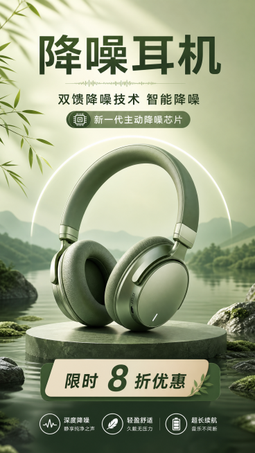 降噪耳机产品促销海报，绿色为主色调营造静谧氛围，耳机作为主视觉放置在画面中心，画面包含文字"降噪耳机","双馈降噪技术 智能降噪","新一代主动降噪芯片","限时8折优惠"，简约现代设计风格，干净清爽预览效果
