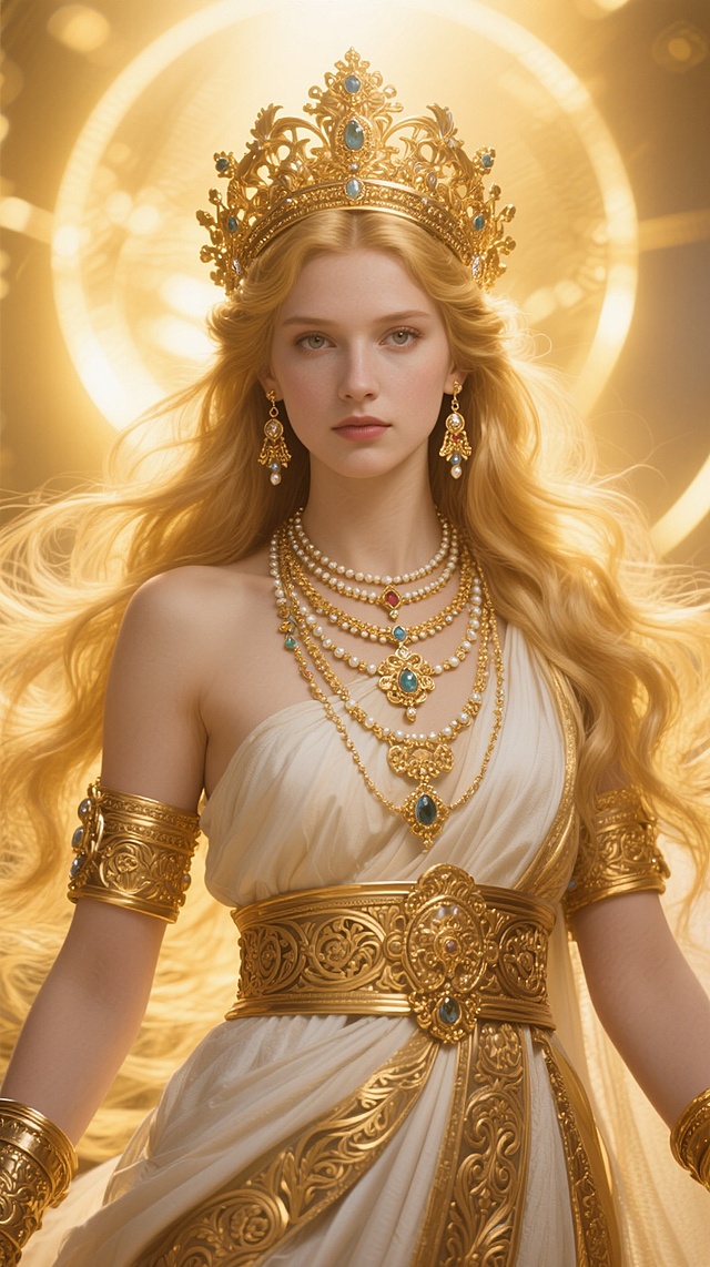 古希腊美神，金色长发，精致繁复的黄金饰品，包括华丽的头冠、多层项链、耳环和臂钏，服饰上有精美的雕刻花纹，整体风格奢华神圣，背景为金色光晕效果，细节精致，光影细腻