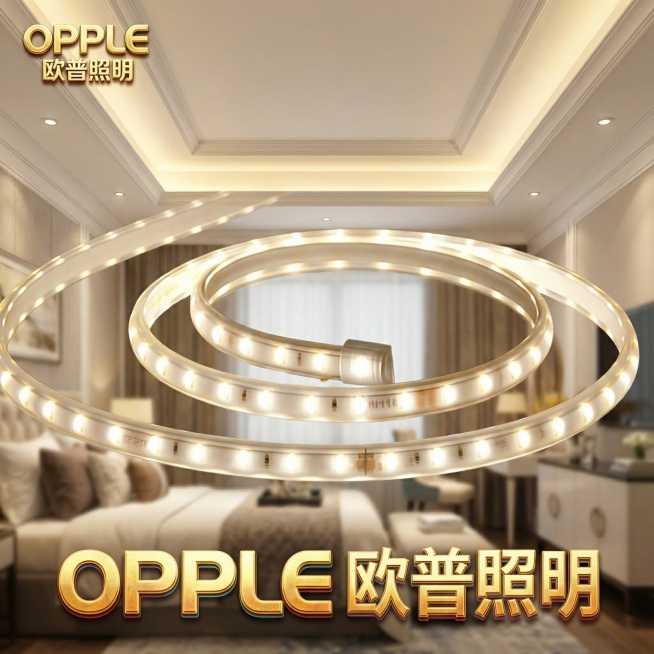 1比1保留灯带并置于画面正中，为中性光；将欧普照明logo文案改为双影琥珀鎏金效果，字体字效精致显眼，文案颜色多彩，删除重复文案；替换背景为明亮的居家大卧室实体场景，天花吊顶氛围灯处于亮灯状态，虚化背预览效果