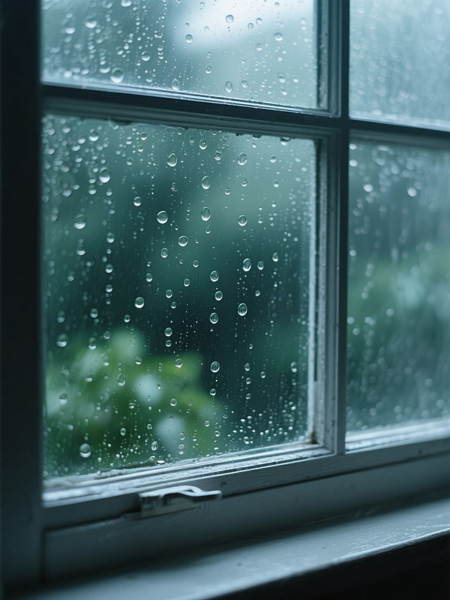 写实摄影风格，雨天室内窗边场景，玻璃窗上布满大小不一、晶莹剔透的水珠，水珠表面有细微反光，玻璃边缘有金属或塑料窗框的硬朗线条，窗外是模糊的深绿色植物背景，光线柔和偏冷色调，营造出宁静、略带忧郁的氛围，近景聚焦于玻璃上的水珠质感，景深较浅，背景虚化，整体画面湿润而富有细节，具有真实的生活气息和雨天特有的静谧美感。