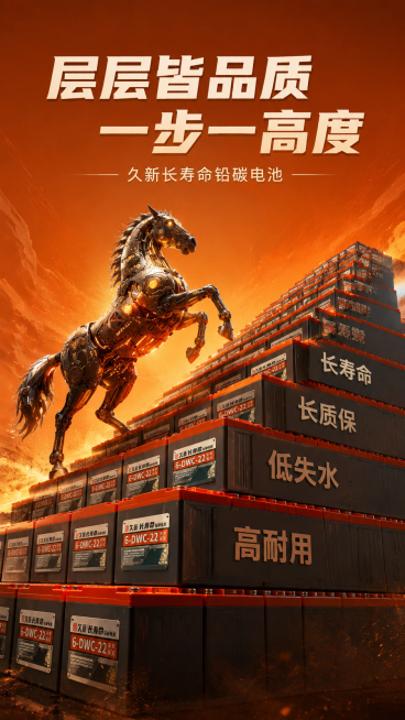 一张极具视觉冲击力的商业海报，呈现出「工业纪念碑」般的史诗感。背景颜色为橙色系，极简深邃橙色渐变背景，隐约有能量放射线和粉尘细闪。画面核心是由电池组成的4.5级宽阔阶梯，阶梯的视角是侧面，每一级均由数预览效果