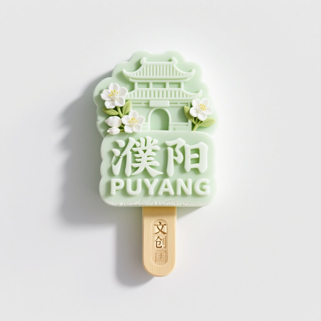 文创雪糕，画面主体为“濮阳 PUYANG”，立体古建筑、茉莉花元素装饰，浅绿色预览效果