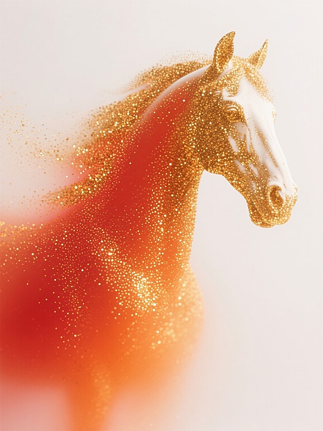 红橙白渐变色金光闪闪的细小颗粒形成一个古典马形态，高清画质，留白，抽象派，唯美梦幻朦胧美，高级艺术品，大师的杰作