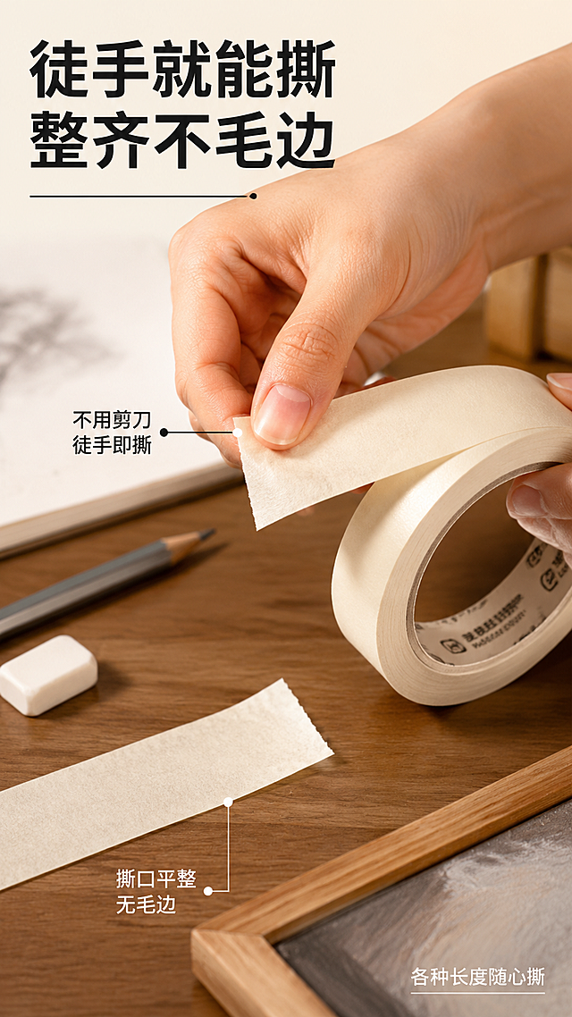 [第3屏] 详情页功能演示-美纹纸易手撕效果特写展示。
[氛围/风格] 功能演示特写风，真实手部操作，商业摄影质感。
[元素布局] 画面中部偏上为一只手正在撕美纹纸胶带的特写动作，胶带从卷上被撕下，撕口整齐平直；下方展示撕下的胶带条，边缘整齐无毛刺；旁边放着胶带卷和画板一角；背景为画室桌面，有铅笔、橡皮、素描纸点缀。
[光影质感] 侧上方柔光打在撕口处，突出撕边整齐质感，手部有自然阴影，整体明亮清晰。
[配色色系] 全局底色 #FFFAF0（暖米白）；主色米白胶带+肤色手部；辅助色原木桌面色、铅笔灰。
[视角构图] 近景特写微俯视，撕口处为视觉焦点，阅读动线上方标题 → 中部手撕动作 → 底部效果说明。
[文字版式] 顶部大标题「徒手就能撕 整齐不毛边」，粗黑体；手撕动作旁引线标注「不用剪刀 徒手即撕」；下方效果区标注「撕口平整 无毛边」；右下角小字补充「各种长度随心撕」。
[比例分辨率] 9:16竖版比例，4K分辨率，文字清晰可辨，高清画质。
[负向提示词] 手部变形，胶带变形，撕口毛糙，水印，文字模糊。