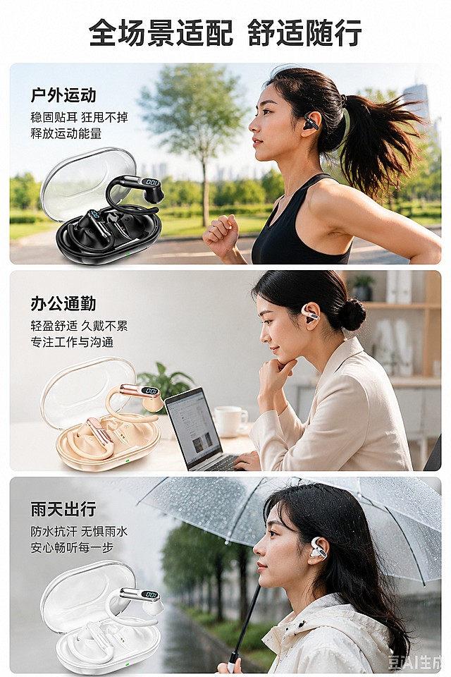 「图片1」「图片1」「图片1」1：做8张电商详情图，图片按1-8标好编码，像素790*1200
2：做3张800*800像素电商主图
3：OWS挂耳式蓝牙耳机
4：耳机上带数显
5：F13铜环喇叭，耳电30毫安，仓点230毫安带保护板
6：听歌时长5小时左右，电话时长4小时左右
7：英语提示音
8：生活防水