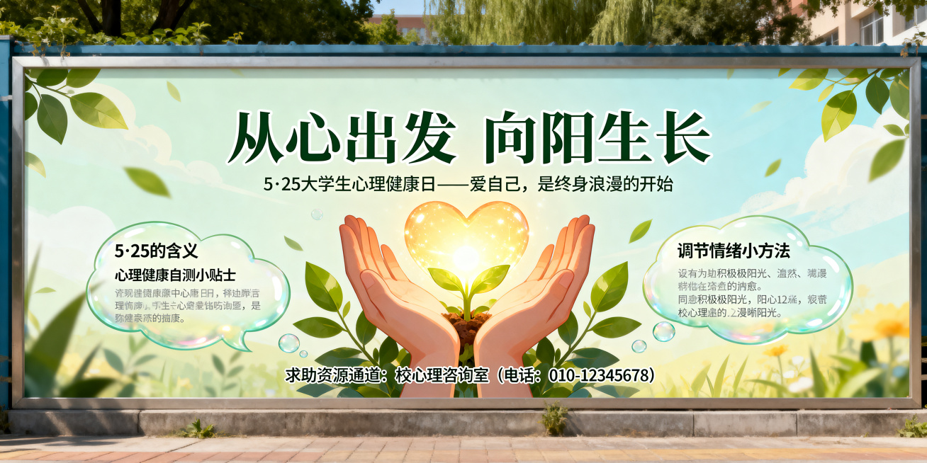 学校宣传栏横版海报，5·25大学生心理健康专题，主题是"从心出发 向阳生长"，副标题是"5·25大学生心理健康日——爱自己，是终身浪漫的开始"。整体温暖治愈有力量，柔和淡绿浅蓝暖黄治愈色调。主视觉是一预览效果