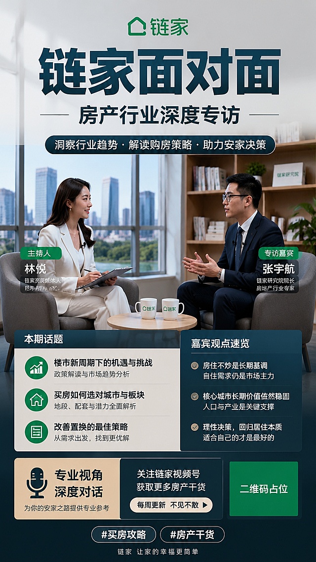 专业商务写实商业摄影风格，链家视频号竖版封面海报，主标题“链家面对面”，副标题“房产行业深度专访”，画面包含两个人物，一位是主持人，一位是被采访嘉宾，两人正面对谈，简约商务办公背景，排版精美，顶部主标题，中部人物场景，底部装饰标签#买房攻略 #房产干货，画面比例9:16，超高清，真实职场氛围，清晰专业，画面中所有二维码区域使用纯色方块占位符呈现，方块中央标注"二维码占位"文字，严禁生成任何可识别的二维码图案，画面中所有信息区域、套餐卡片、价格表格、权益列表、对比模块、福利条目、课程大纲、议程、嘉宾介绍区等必须填充完整合理的内容，不得出现空白框、空白占位、横线待填写区域、空列表项、空单元格；用户未提供具体内容时，基于海报主题和场景合理补全典型内容，确保是完整可用的成品海报而非待填写模板，所有文字必须精确渲染，不得错位、遗漏