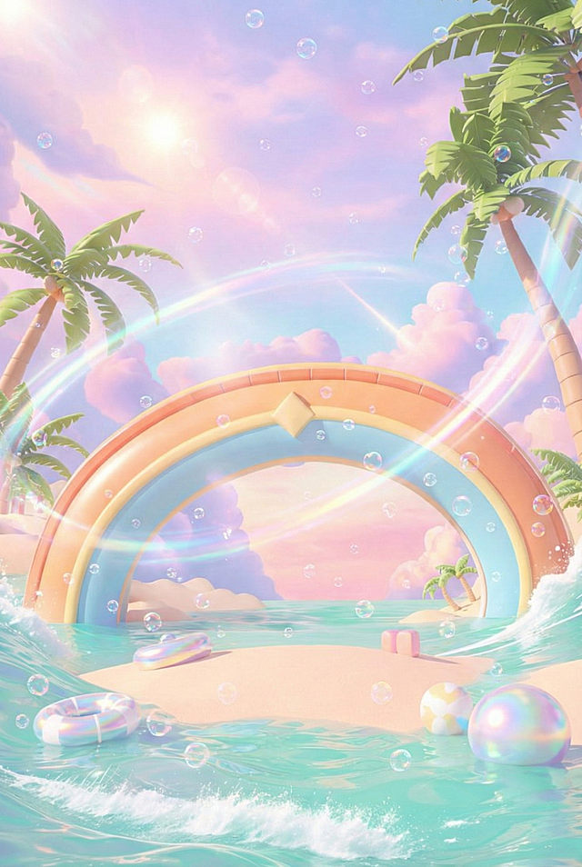 Create an image of the sea, a summery atmosphere, soft pastel colors, a dreamy feel, with holographic light streaks and tiny holographic bubbles floating in the air.