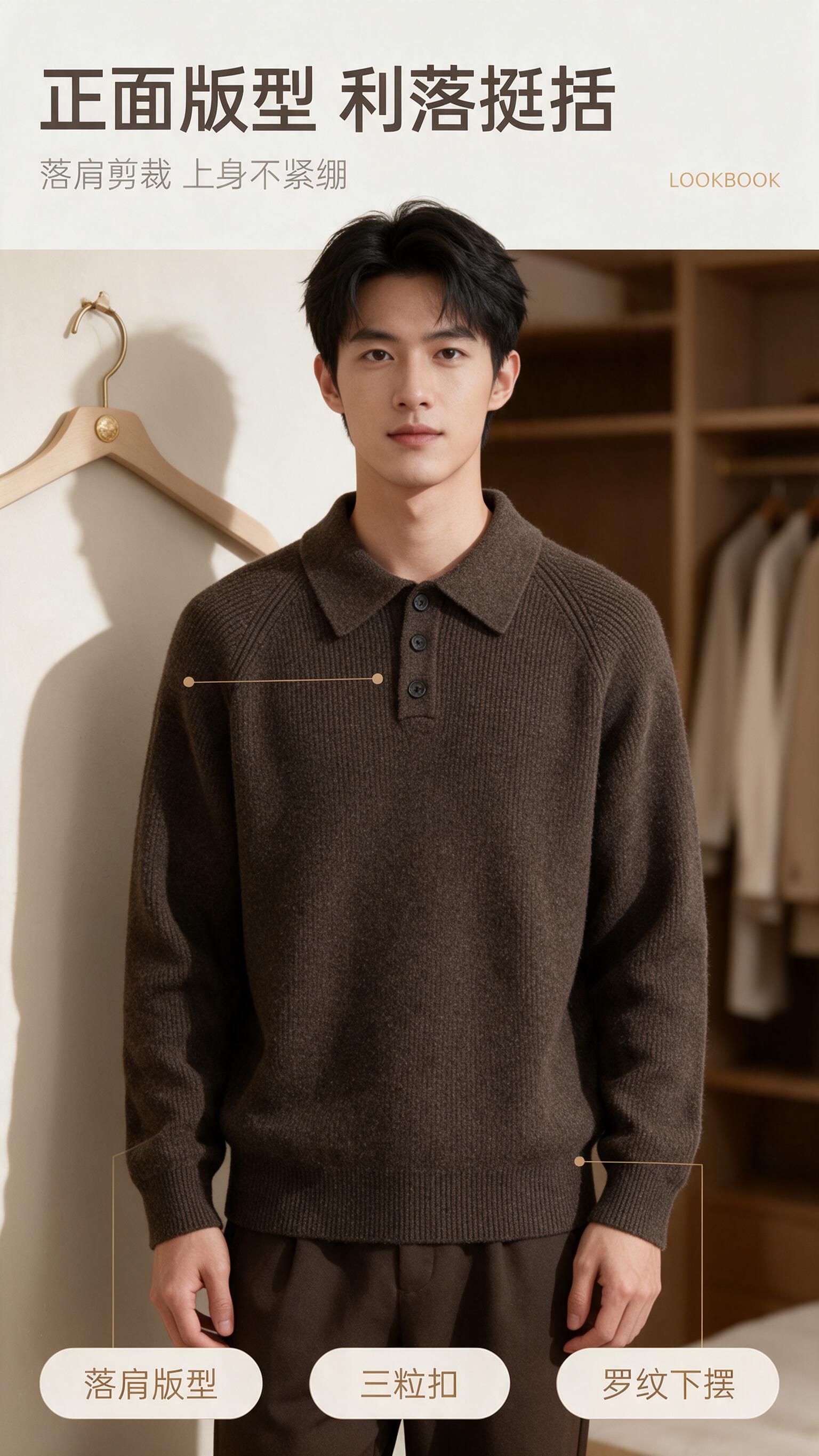 [商品] 使用【图1】深咖棕色 Polo 领麻花针织衫（男士）… - 图片创意预览