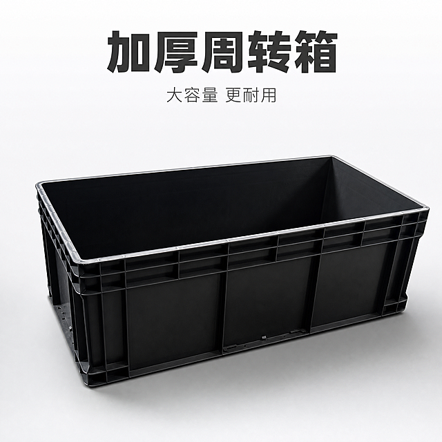 [单张主图] 加长款黑色物流周转箱 简洁高级感主图 浅色背景 箱子放大 文案精简。
[画面主体] 黑色加长款塑料物流周转箱1个，45度斜侧视角放置于画面中心偏下，箱体完整不裁切，占画面约75%，视觉冲击力强。保持周转箱外观（物理结构、材质质感、黑色颜色、侧面多格加强筋纹路、顶部包边、长条形大容量形态）与输入产品图绝对一致，杜绝任何变形和色差，精细化处理箱壁厚度、边角加固、侧面加强筋分格结构，箱体内部深邃有层次。
[构图版式] 顶部大标题简洁型主图。产品大主体占据画面中下部75%面积，顶部25%区域放精简文案，底部少量留白。文案极少，克制高级。
[场景元素] 背景为纯净浅灰白色渐变背景，上方略亮下方略暗，干净无杂物。产品下方有柔和自然的浅灰色投影，承托感真实，投影边缘虚化自然。四周留出均匀安全边距，画面干净通透。
[文案版式] 顶部居中一行主标题大字"加厚周转箱"，深灰色超粗无衬线字体，字号大但不抢产品主体。主标题正下方一行小字副标题"大容量 更耐用"，浅灰色细无衬线字体，字号约为主标题的三分之一。无其他多余文案、标签、图标，画面极度简洁。所有文字清晰锐利，不遮挡产品主体。
[光影质感] 主光从左上方45度柔和照射，箱体左侧和顶部受光明亮均匀，右侧和底部形成柔和自然阴影，加强筋凸起处有细腻高光，体现塑料材质的厚实感和结构立体感。箱口边缘有明显高光带，突出轮廓。辅光从右下方均匀补光，暗部细节丰富不发黑。整体光影干净明亮，产品立体感强。
[配色字体] 主色调深灰黑色（产品色），辅助色浅灰白色（背景），文字色深灰+浅灰。字体为现代无衬线体，主标题粗重，副标题纤细，对比分明。
[比例分辨率] 1:1比例，2K分辨率，文字清晰可辨，超高清商业摄影质感。
[负向提示词] 变形，文字错乱，产品图模糊，背景杂乱，水印，电商平台Logo，箱体结构错误，颜色偏差，多余的手或人物，过多文案，卖点胶囊，底部通栏。