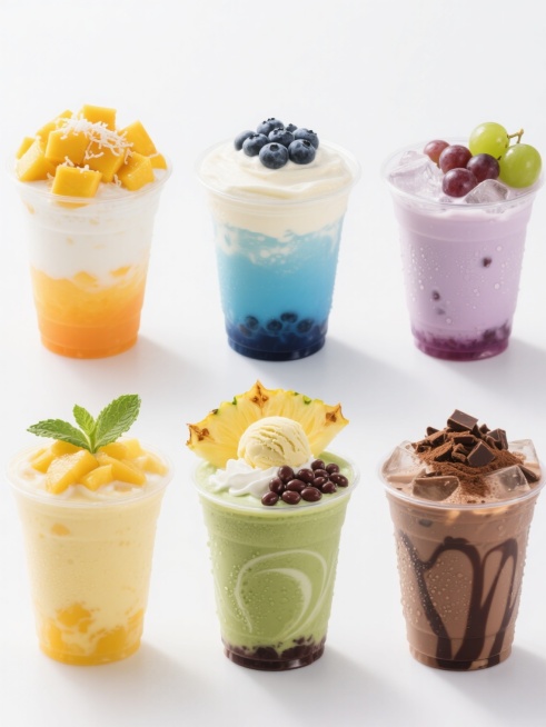 一组6个完全不同造型的同系列饮品素材集合，每个饮品均为透明塑料杯盛装，保持高清晰度、明亮光线、白色背景的写实摄影风格，整体规整排布。第一个饮品为芒果椰奶冰沙，顶部堆满金黄芒果块并撒有椰蓉，杯身呈现渐变橙黄色，内含芒果果肉和椰奶分层；第二个为蓝莓芝士奶盖茶，顶部是厚实的奶盖并撒有蓝莓碎，杯身是深蓝色渐变，底部有蓝莓果肉沉淀；第三个为抹茶红豆冰沙，顶部放置抹茶冰淇淋球和红豆粒，杯身呈清新绿色，内含……预览效果