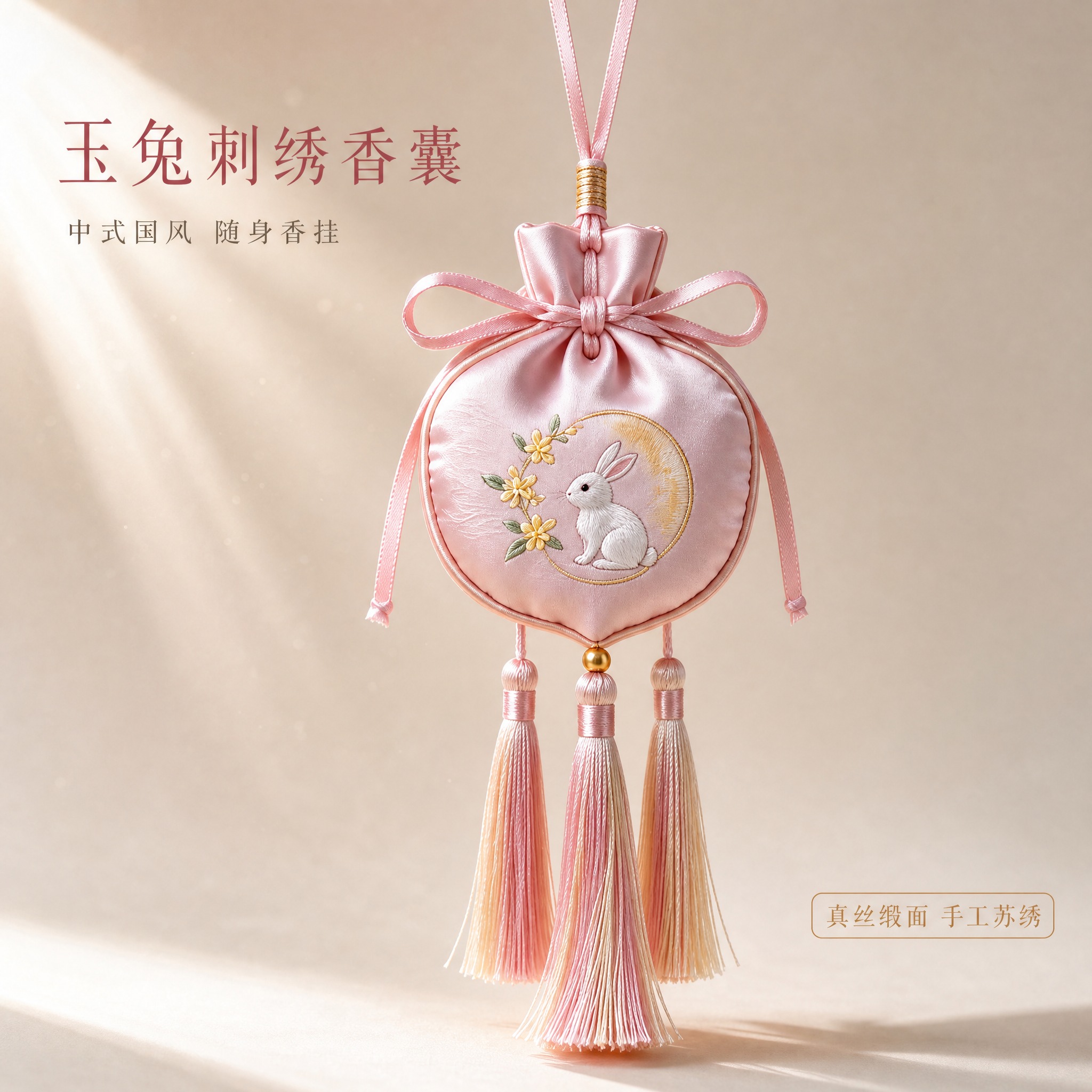 [主图-1] 空间氛围与单品呈现，粉色玉兔刺绣香囊作为画面绝对… - 图片创意预览