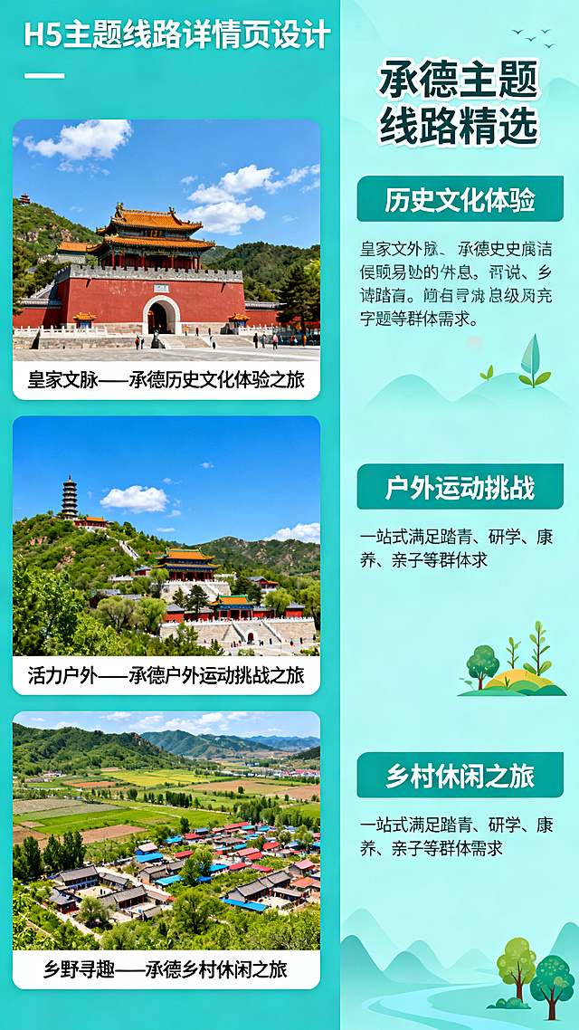H5主题线路详情页，介绍后三条线路：皇家文脉——承德历史文化体验之旅、活力户外——承德户外运动挑战之旅、乡野寻趣——承德乡村休闲之旅，一站式满足踏青、研学、康养、亲子等不同群体需求。左侧展示预览图，右侧文字介绍，排版简洁清晰